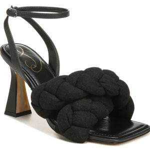 Sam Edelman Courtney Puffy Braided Heels Sandals in Black Linen/Leather 6.5